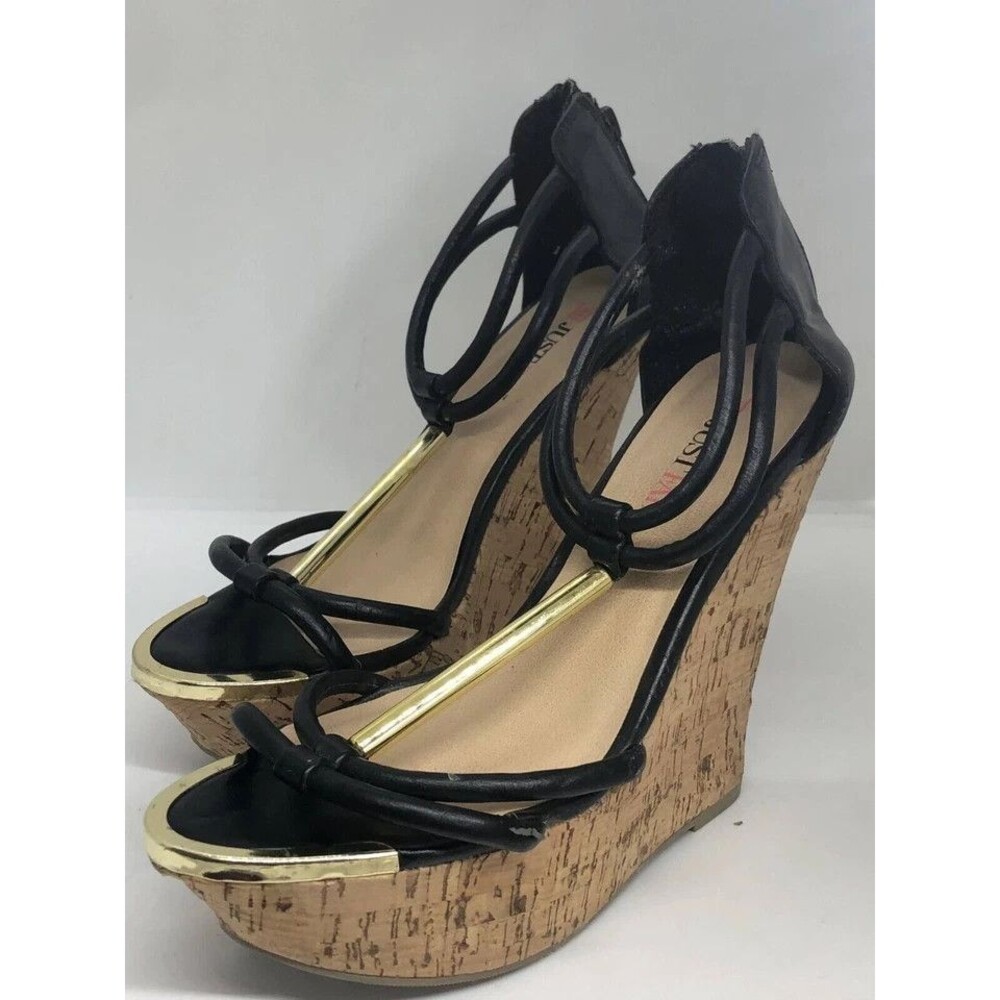 Justfab Stacie Womens Black Tubular Straps Cork Wrap Glamorous Wedge Heel US 7.5